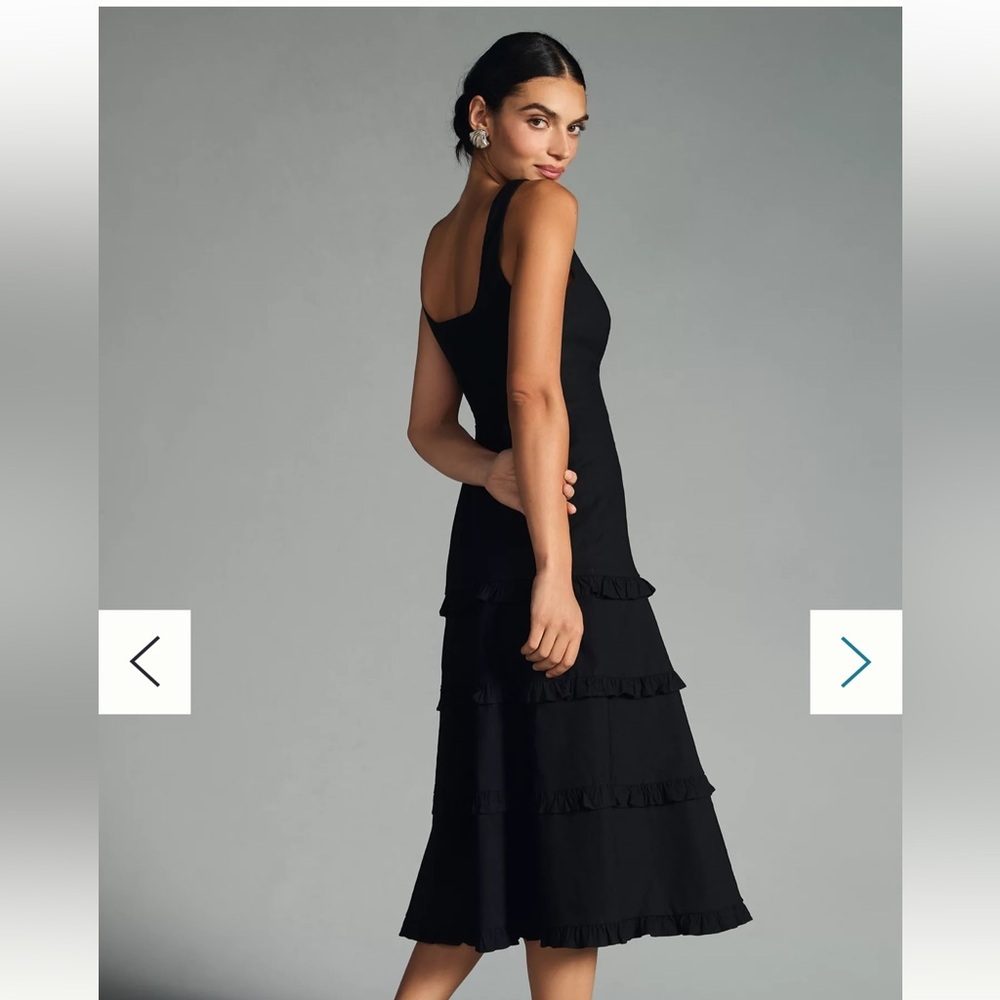 Anthropologie Linen‎ Blend The Blythe Square Neck Tiered Dress Black Small NWT - Picture 2 of 12